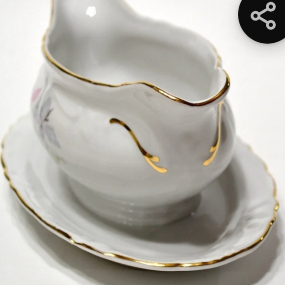 Vintage WINTERLING Orchid Gravy Boat Attached Underplate Pink Gray Floral - Picture 7 of 7